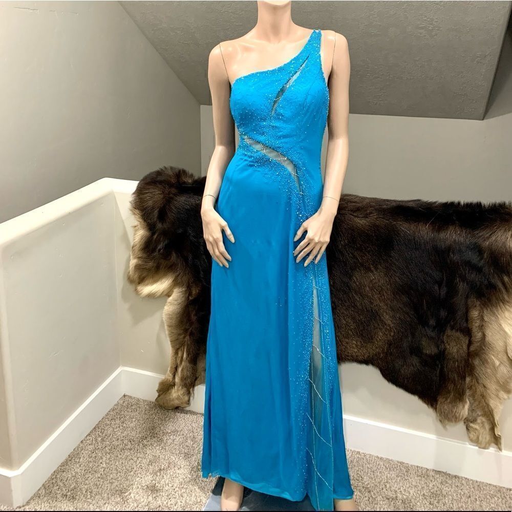 Turquoise Blue Sexy One-Shoulder, 100% Silk, Beaded Evening Dress